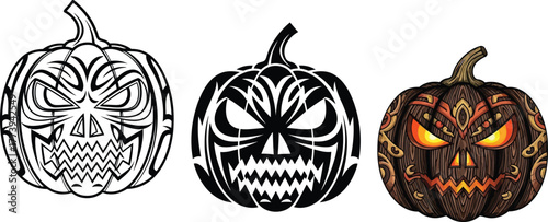 Set of tribal Halloween pumpkin illustrations carved jack-o-lanterns with scary faces vector design for holiday themes