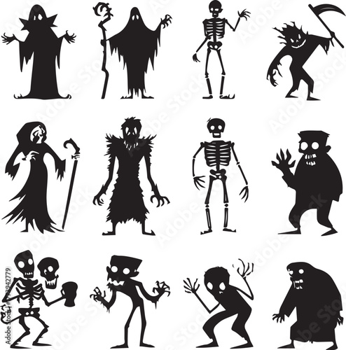 Halloween Monsters Silhouette Vector Set – Vampire, Zombie, Skeleton, and Ghost Icons