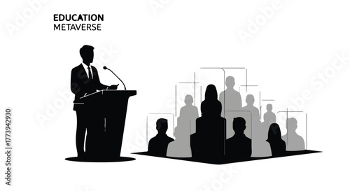 Speaker presenting to an audience in a futuristic virtual reality education space