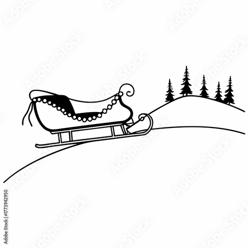 Sleigh on a snowy hill with trees
