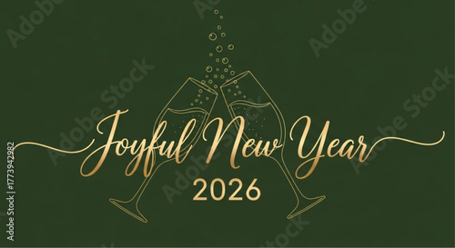 Festive cheers for a joyful new year, with two champagne glasses clinking in a toast, and 2026 written on dark green background. vector illustration