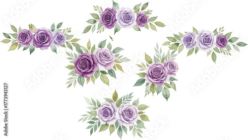 Delicate watercolor floral arrangements featuring soft purple and lavender roses with greenery