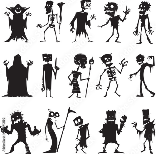 Halloween Monsters Silhouette Vector Set – Vampire, Zombie, Skeleton, and Ghost Icons