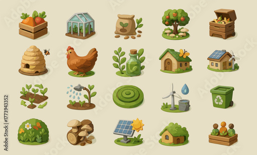 Eco Farming and Permaculture Icons – Sustainable Agriculture and Green Energy Concept
