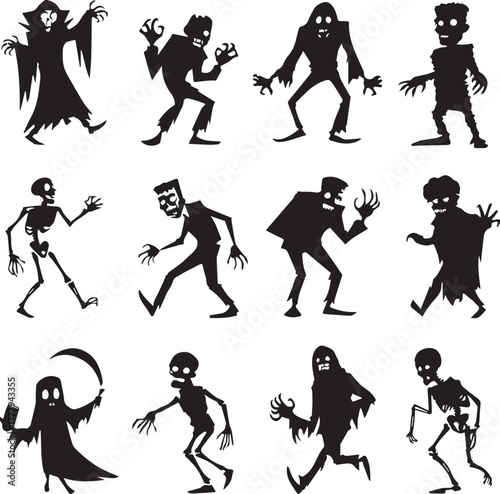 Halloween Monsters Silhouette Vector Set – Vampire, Zombie, Skeleton, and Ghost Icons