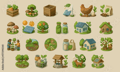 Permaculture and Eco Farming Icons – Sustainable Agriculture and Green Living Set