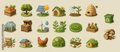 Permaculture and Sustainable Farming Icons – Eco Agriculture and Green Energy Set