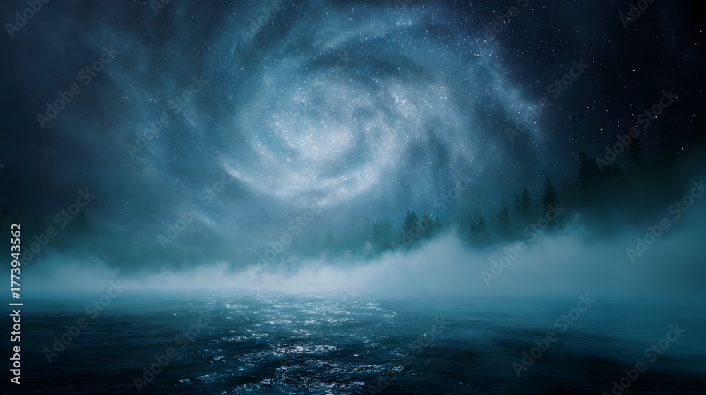 Fototapeta premium Mystical cosmic swirl and stardust illuminate a misty lake reflecting a dark forest under a starry night sky
