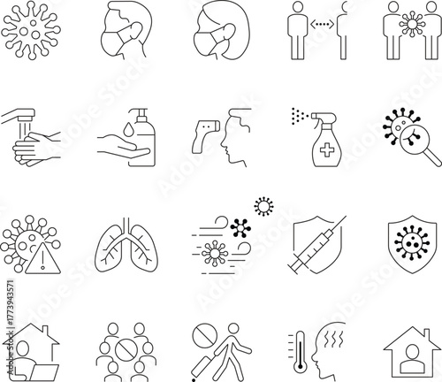 Collection of line icons representing cold and flu prevention measures including hygiene health and wellness symbols for medical and informational use