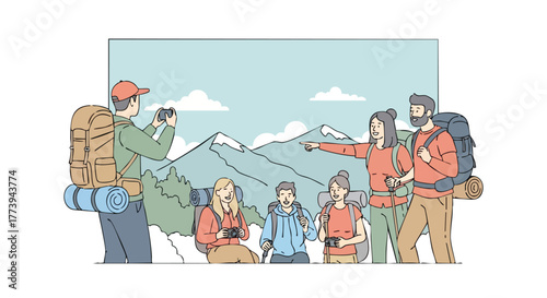 A group of hikers with backpacks and cameras explore a mountain range, with one taking a photograph of the scenic landscape and others pointing towards the view on a bright, sunny day.
