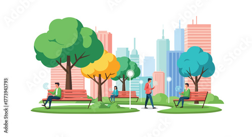 A vibrant illustration portrays people enjoying a sunny day in a city park with benches, trees, and skyscrapers in the background, promoting leisure and urban lifestyle.