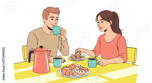 A couple enjoys a morning breakfast together, drinking coffee and eating pastries at a yellow table with a cheerful, illustrated style, creating a sense of togetherness and comfort.