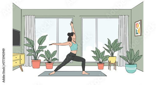A woman practices the Warrior II yoga pose in a bright, airy living room filled with plants, promoting wellness and a healthy lifestyle through mindful exercise.