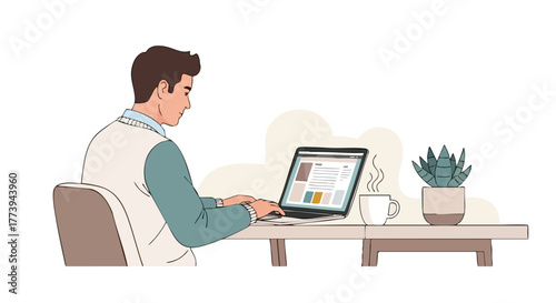 A young man, casually dressed, works diligently on his laptop at a desk, with a coffee mug and a small potted plant adding to the comfortable, home office atmosphere.