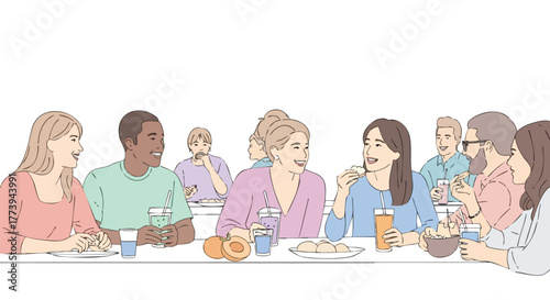 A diverse group of people are gathered together, enjoying a meal and engaging in conversation at a long table setting, creating a sense of community.