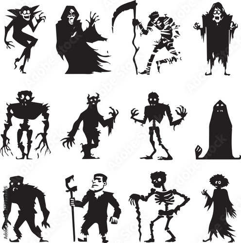Halloween Monsters Silhouette Vector Set – Vampire, Zombie, Skeleton, and Ghost Icons