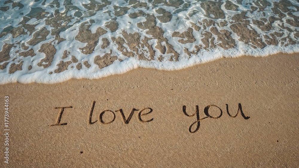 Fototapeta premium I love you written on the sand with ocean waves approaching.