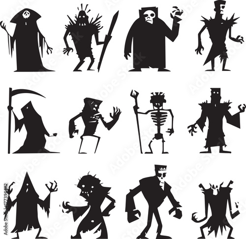 Halloween Monsters Silhouette Vector Set – Vampire, Zombie, Skeleton, and Ghost Icons