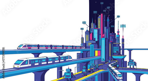An imaginative illustration showcases a futuristic cityscape with elevated train tracks, advanced technology, and a vibrant, stylized design, representing innovation and urban development.