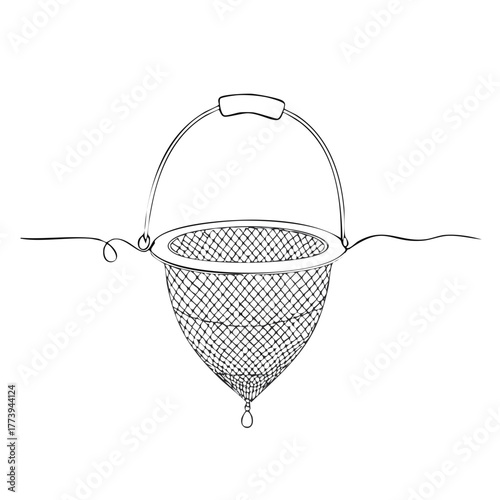 Hand drawn fishing net illustration with handle for angling and aquatic concepts