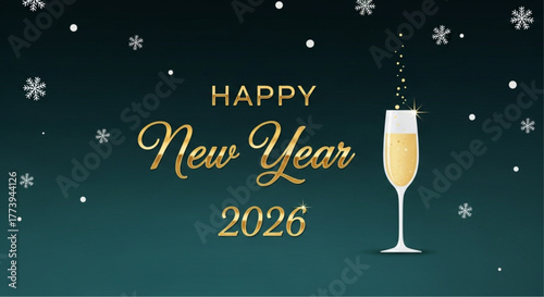 A glamorous New Year's Eve illustration in a dark theme, with a shimmering glass of champagne and celebratory snowflakes, promising elegance and joy for 2026. vector illustration