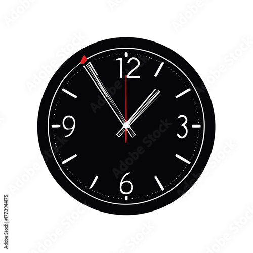 Black round analog clock with white numbers and hands, featuring a red second hand, indicating time measurement and deadlines