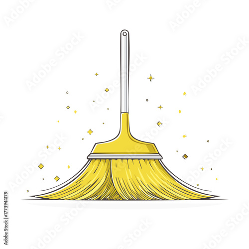 Bright Yellow Broom with Shiny Sparkles Vector Illustration of Clean Sweeping Tool