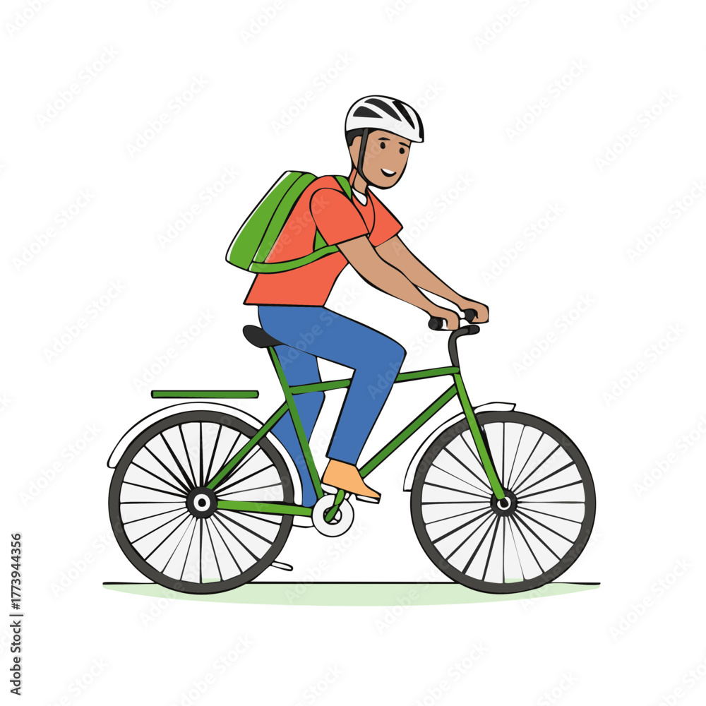 Obraz premium Young male cyclist wearing a safety helmet and backpack riding a green bicycle