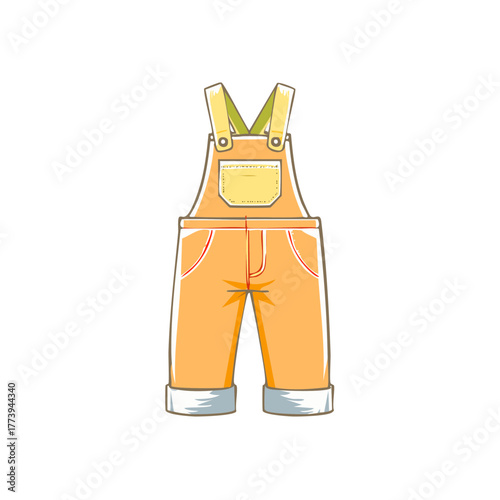 Cute cartoon orange denim overalls for babies and toddlers with yellow accents