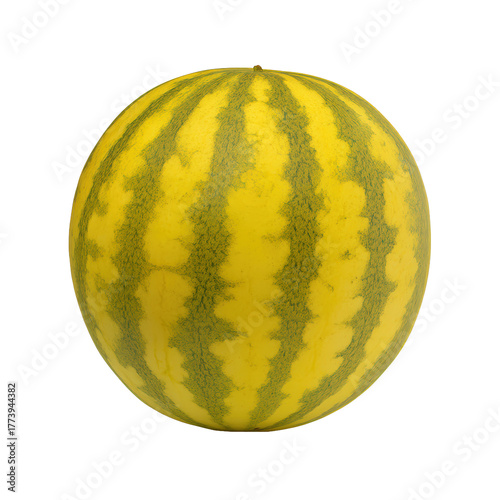 A ripe yellow watermelon with green stripes, isolated on transparent background