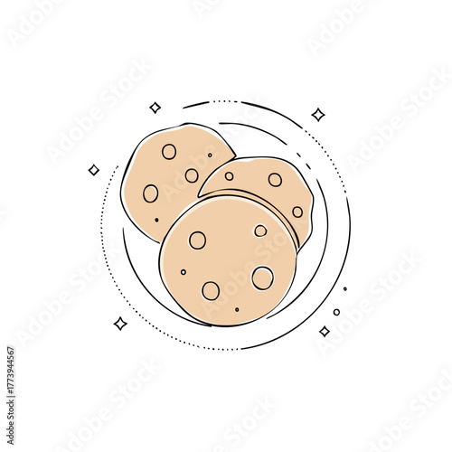 Stylized illustration of three round cookies with small dots on a white background with geometric accents