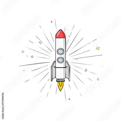 Cartoon rocket ship with burst and abstract stars, concept for starting business