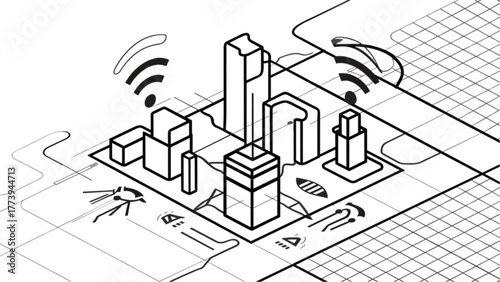Abstract isometric smart city with wireless connectivity