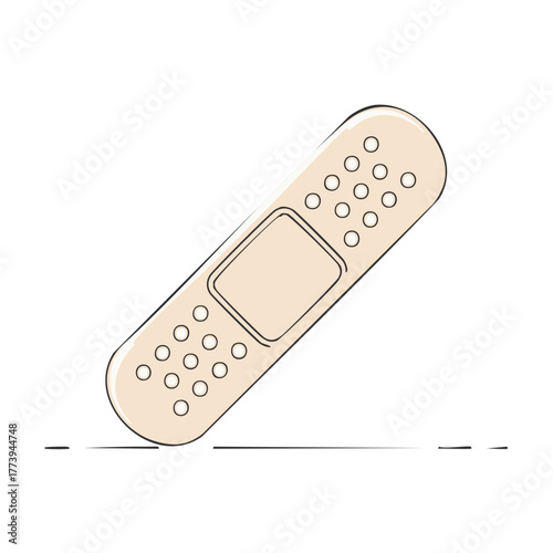 Hand-drawn illustration of a beige adhesive bandage with circular perforations and a central absorbent pad