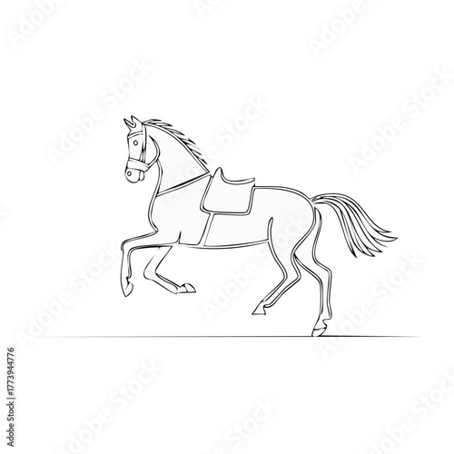 Stylized monochrome illustration of a magnificent saddled horse prancing or trotting with elegance