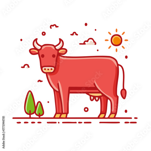 Cartoon red cow standing in a field with stylized trees and sun