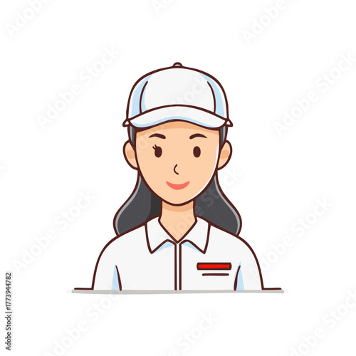 Smiling Woman in White Uniform and Cap Cartoon Character