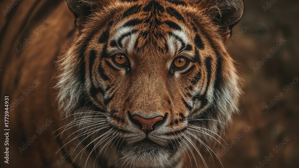 Naklejka premium Close-up of a tiger's face with intense eyes, showcasing its fur and stripes, in a natural setting.