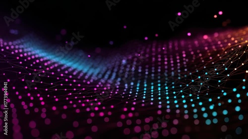 Wallpaper Mural Abstract digital landscape with glowing particles and connecting lines in a vibrant color palette of purple, pink, and blue. Futuristic technology concept symbolizes data flow and innovation Torontodigital.ca