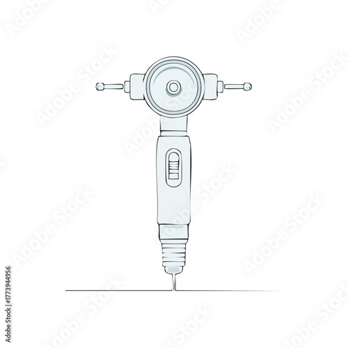 Outline of a medical otoscope with a light source and handle on a white background