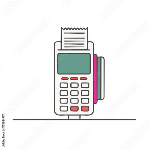 Modern point of sale terminal processing electronic payment with credit card and receipt outline illustration