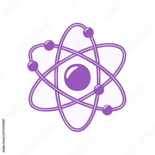 Purple atomic symbol representing science and technology orbits electrons around nucleus