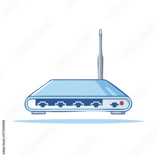 Illustration of a modern blue wireless router with antenna and multiple ports