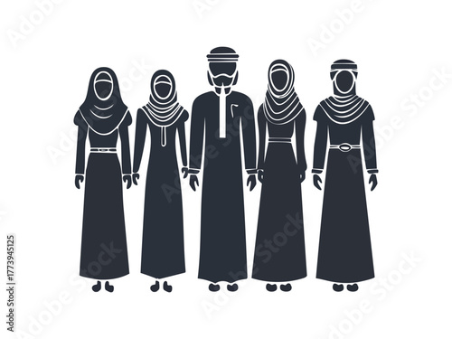 Cute Arabic Muslim Family People Silhouette Icon  in Traditional Clothing Vector Group of Arabic People Flat Icon