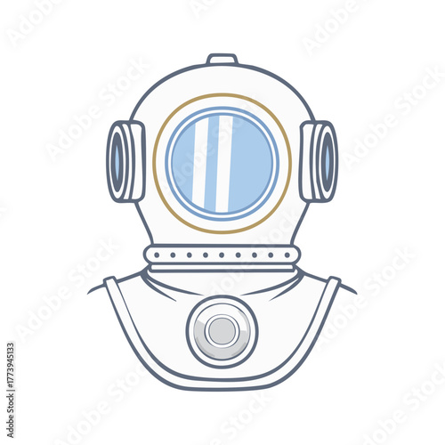 Vintage diving helmet with brass accents and circular porthole illustration