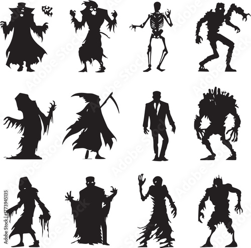Halloween Monsters Silhouette Vector Set – Vampire, Zombie, Skeleton, and Ghost Icons
