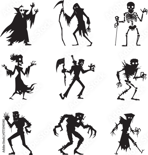 Halloween Monsters Silhouette Vector Set – Vampire, Zombie, Skeleton, and Ghost Icons