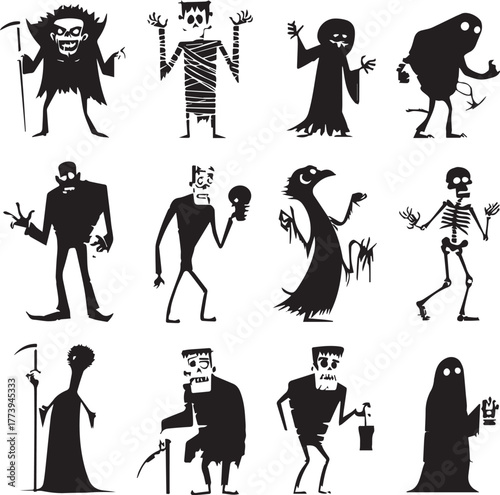 Halloween Monsters Silhouette Vector Set – Vampire, Zombie, Skeleton, and Ghost Icons