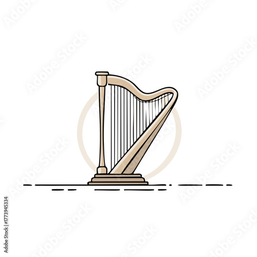 Illustrated vector art of a classical harp instrument with strings