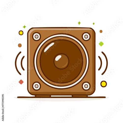 Cute cartoon wooden speaker playing loud music with colorful sparkles